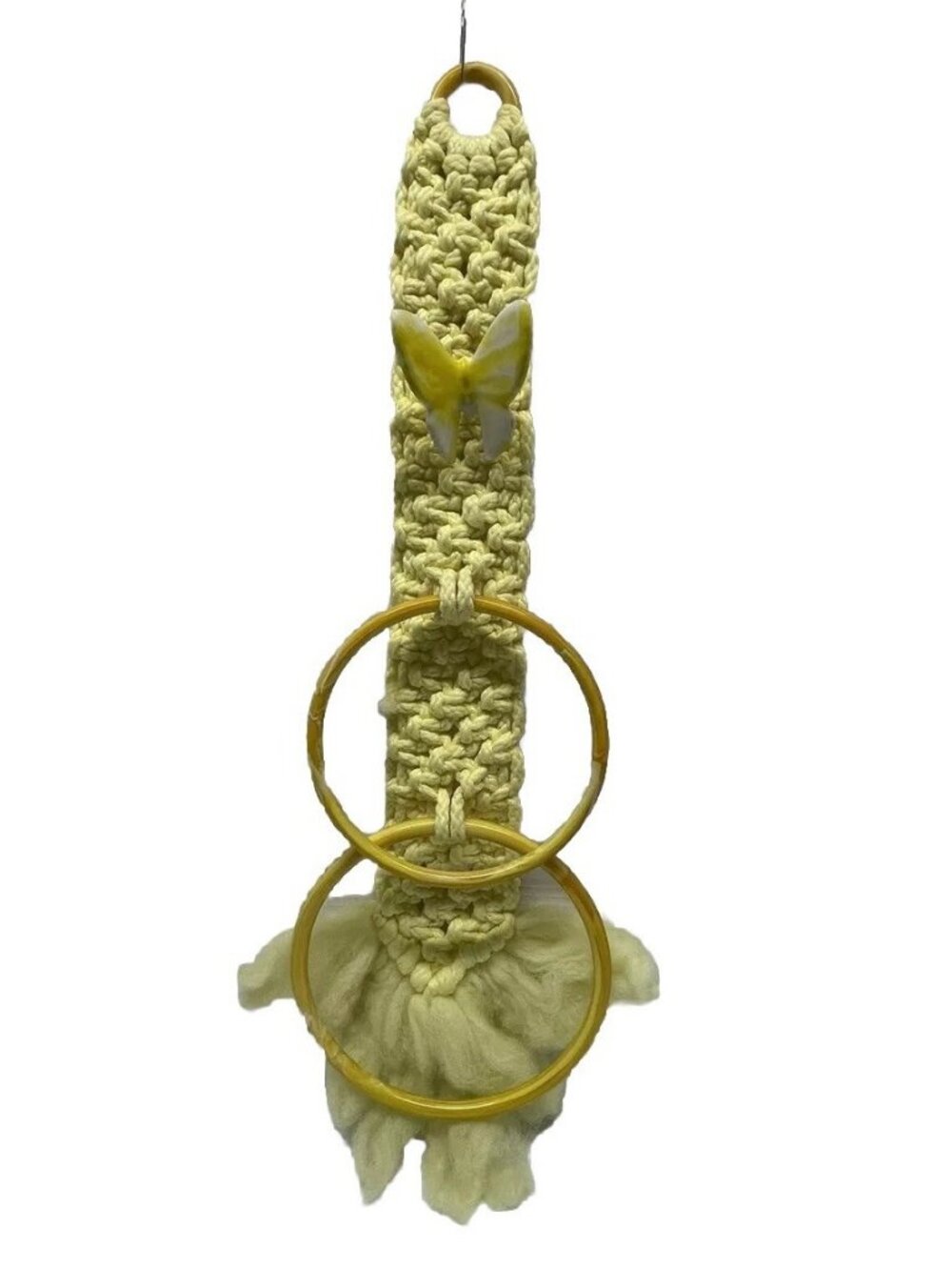 VTG Bespoke Handmade Macramé Crocheted Towel Holder Butterfly Lucite Ring MCM